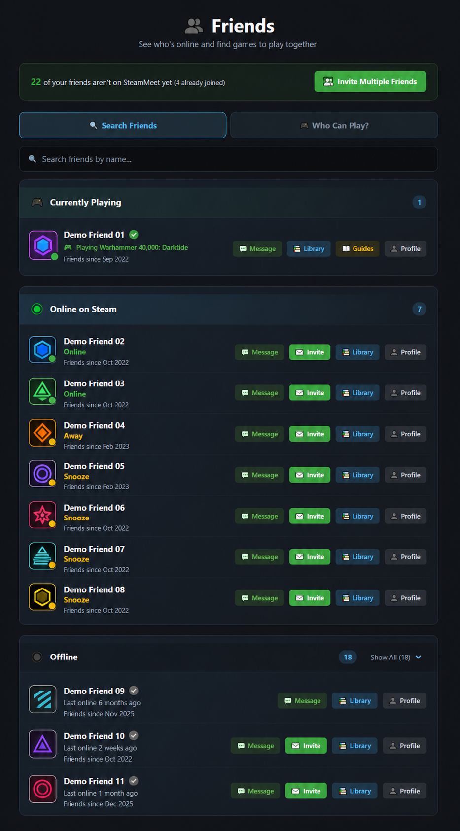 Anonymized SteamMeet Friends page preview with fictional names and avatars